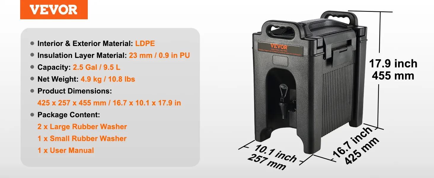 VEVOR insulated beverage dispenser, 2.5 gal capacity, ldpe, 23mm pu insulation, 425x257x455 mm dimensions.