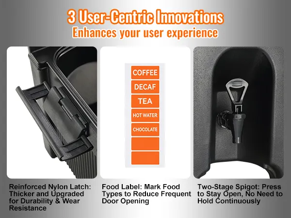 VEVOR insulated beverage dispenser: reinforced latch, food label, two-stage spigot, user-centric features.