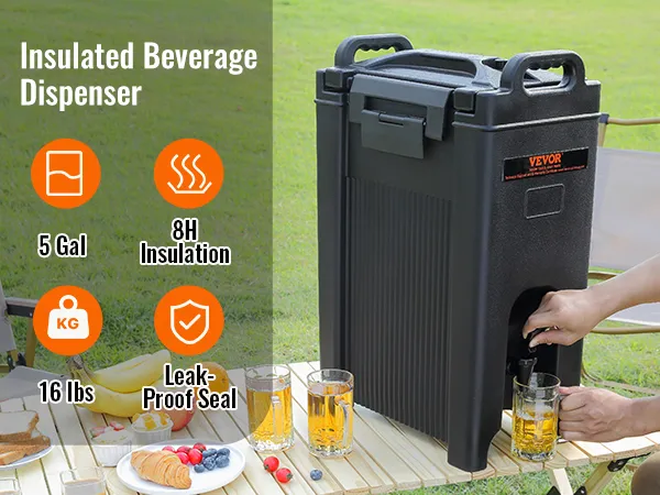 Geïsoleerde VEVOR-drankdispenser voor gebruik buitenshuis, met de volgende kenmerken: 5 gallon, 8h isolatie, 16 lbs, lekvrije afdichting.