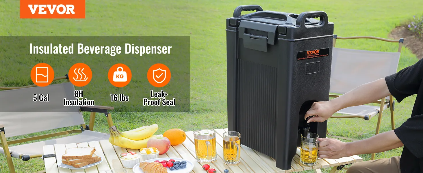 Geïsoleerde VEVOR-drankdispenser voor gebruik buitenshuis, met de volgende kenmerken: 5 gallon, 8h isolatie, 16 lbs, lekvrije afdichting.
