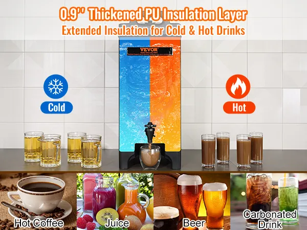 VEVOR geïsoleerde drankdispenser voor warme en koude dranken met PU-isolatielaag, omringd door diverse dranken.