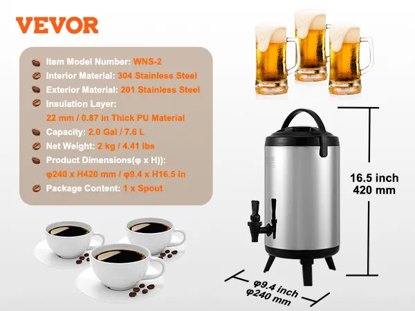 VEVOR beverage dispenser with 7.6l capacity, 304 stainless steel interior, and 201 stainless steel exterior.