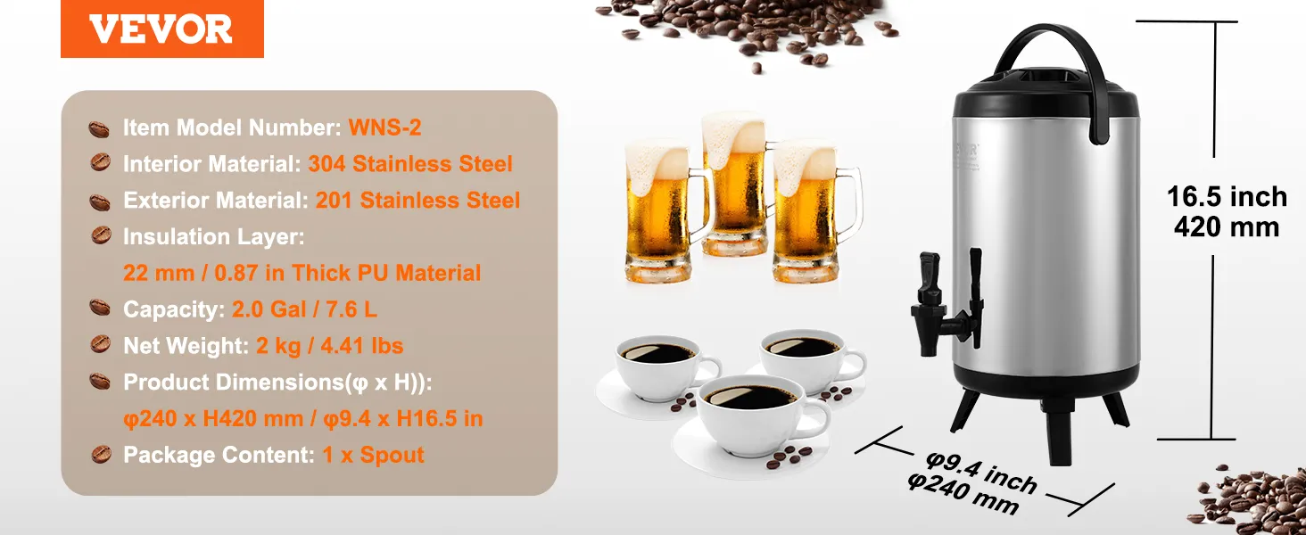 VEVOR beverage dispenser with 7.6l capacity, 304 stainless steel interior, and 201 stainless steel exterior.