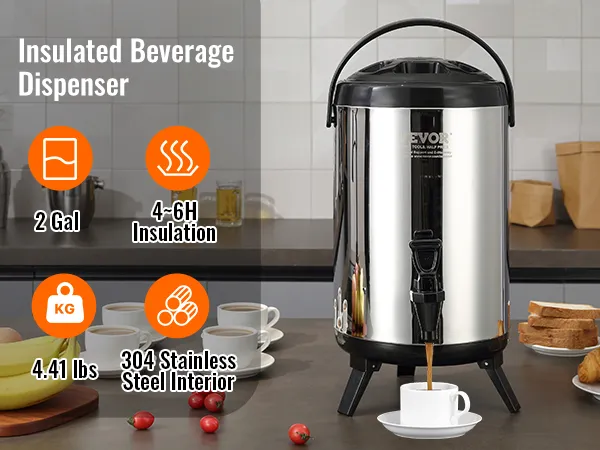 VEVOR beverage dispenser with stainless steel, 2-gallon, 4-6 hours insulation, and 4.41 lbs weight.