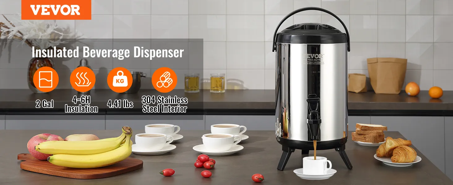 VEVOR beverage dispenser with stainless steel, 2-gallon, 4-6 hours insulation, and 4.41 lbs weight.