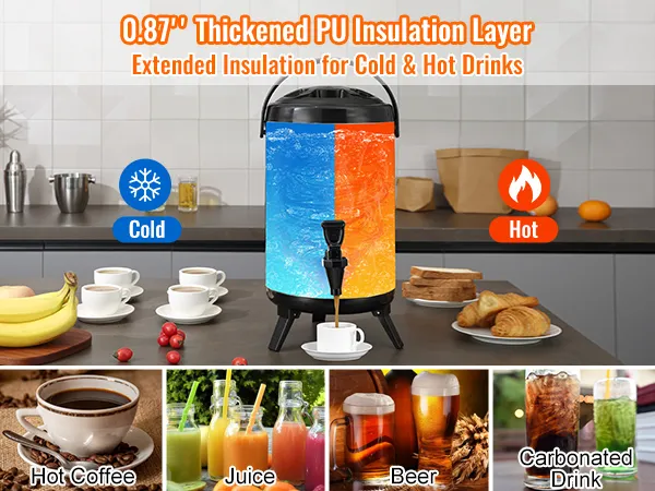 VEVOR beverage dispenser on a countertop, showcasing cold drinks like beer and juice, and hot drinks like coffee.