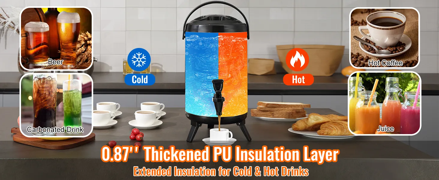 VEVOR beverage dispenser on a countertop, showcasing cold drinks like beer and juice, and hot drinks like coffee.