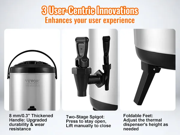 VEVOR beverage dispenser with thickened handle, two-stage spigot, and foldable feet for user convenience.