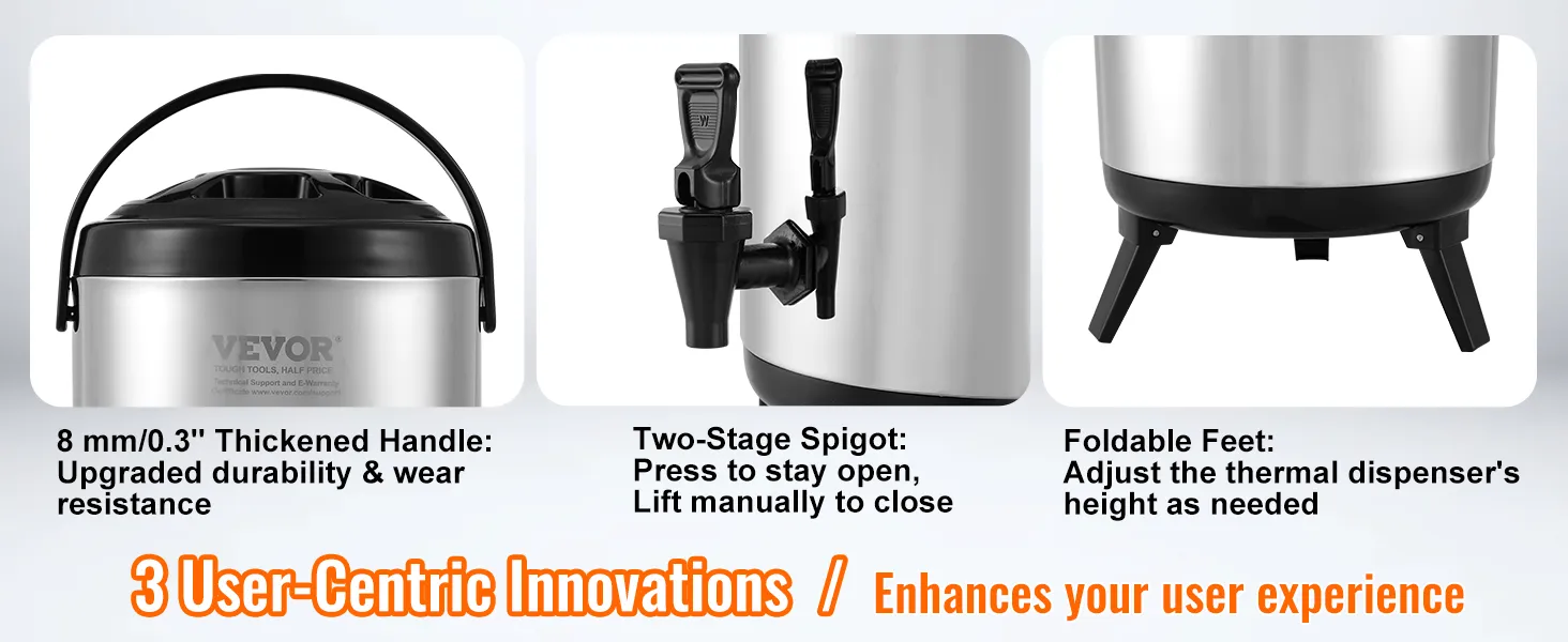 VEVOR beverage dispenser with thickened handle, two-stage spigot, and foldable feet for user convenience.