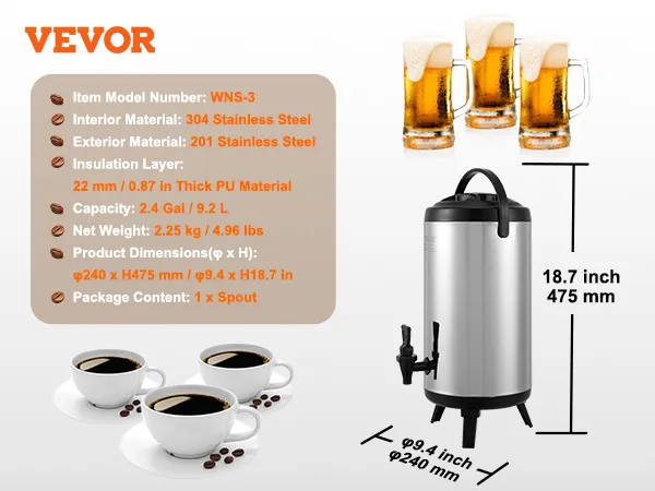 VEVOR stainless steel beverage dispenser with dimensions and material details, surrounded by coffee and beer cups.