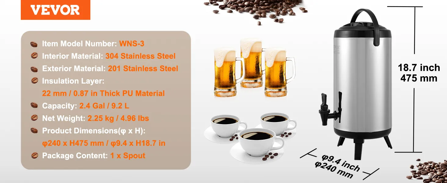 VEVOR stainless steel beverage dispenser with dimensions and material details, surrounded by coffee and beer cups.