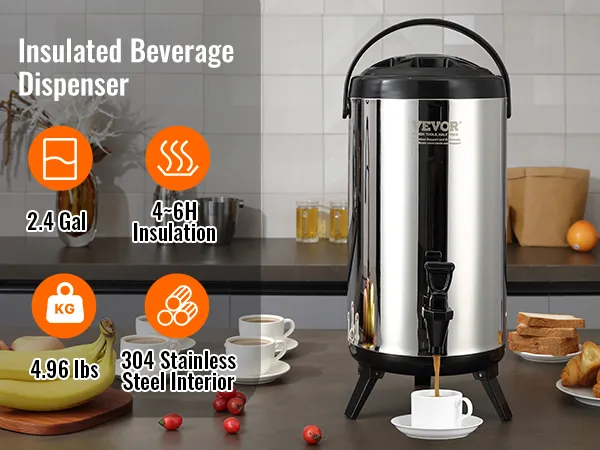 kitchen setup with VEVOR stainless steel beverage dispenser, bananas, cups, and pastries on the counter.