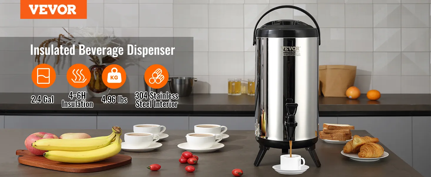 kitchen setup with VEVOR stainless steel beverage dispenser, bananas, cups, and pastries on the counter.
