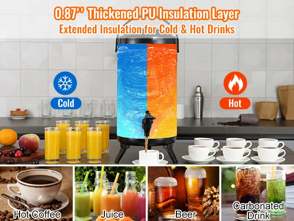 VEVOR stainless steel beverage dispenser showcasing hot and cold drink options with pu insulation layer.