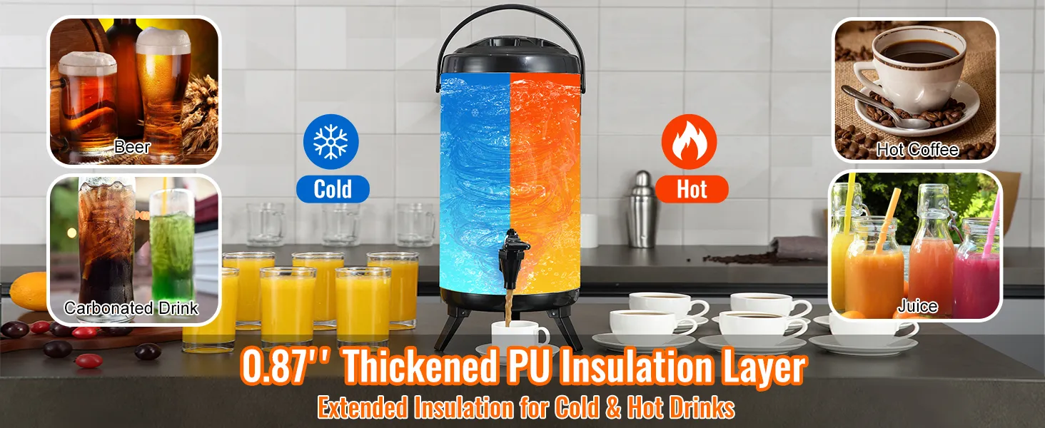 VEVOR stainless steel beverage dispenser showcasing hot and cold drink options with pu insulation layer.
