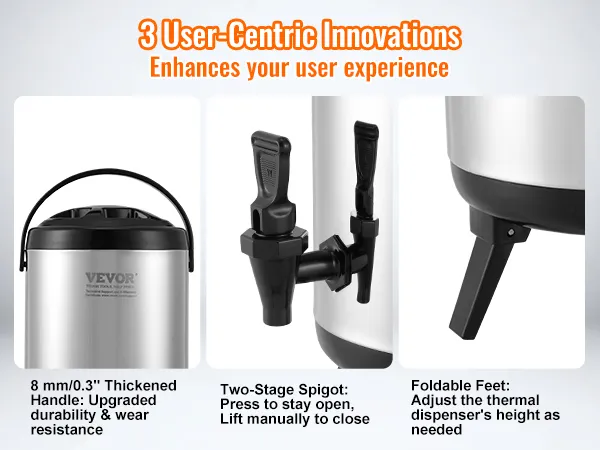 VEVOR stainless steel beverage dispenser with thickened handle, two-stage spigot, and foldable feet.