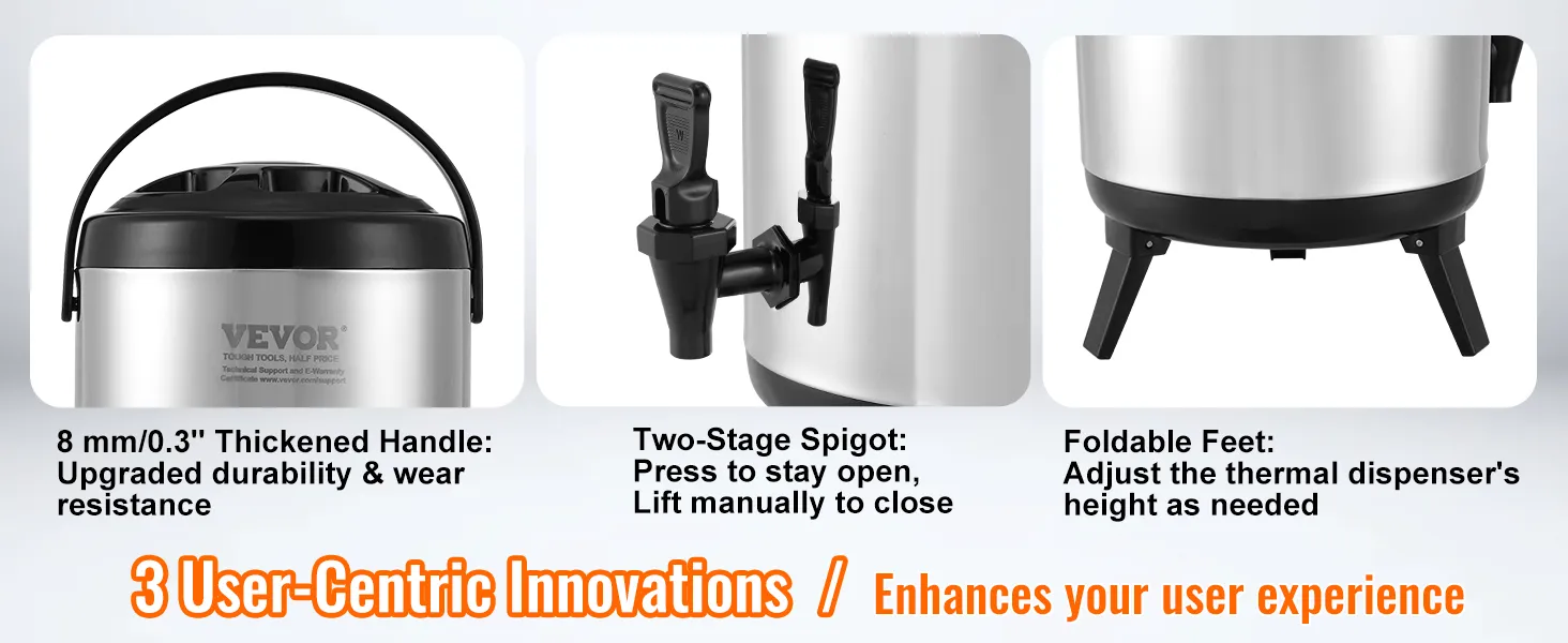 VEVOR stainless steel beverage dispenser with thickened handle, two-stage spigot, and foldable feet.
