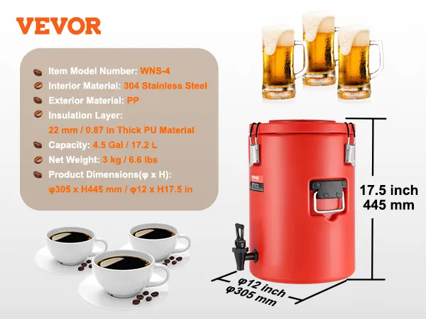 Dispensador de bebidas de acero inoxidable VEVOR, capacidad de 4,5 galones, dimensiones: 12 x 17,5 pulgadas, contenedor rojo.