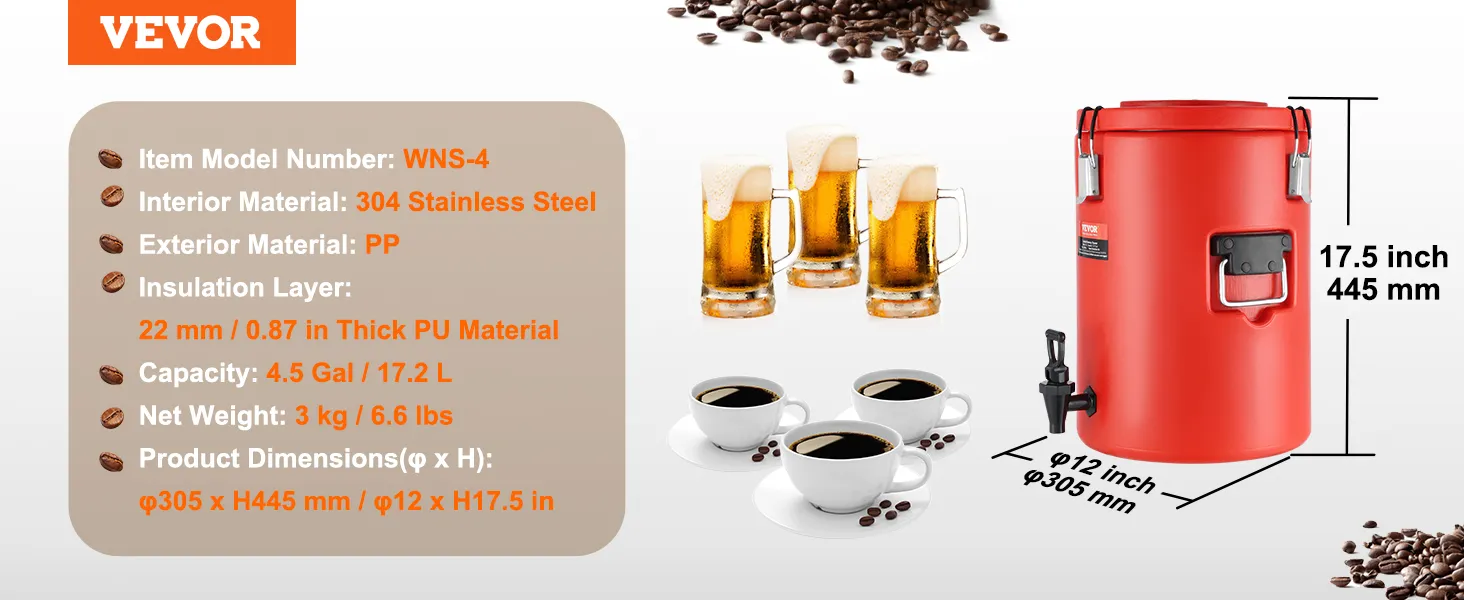 VEVOR stainless steel beverage dispenser, 4.5 gal capacity, dimensions: 12x17.5 inches, red container.