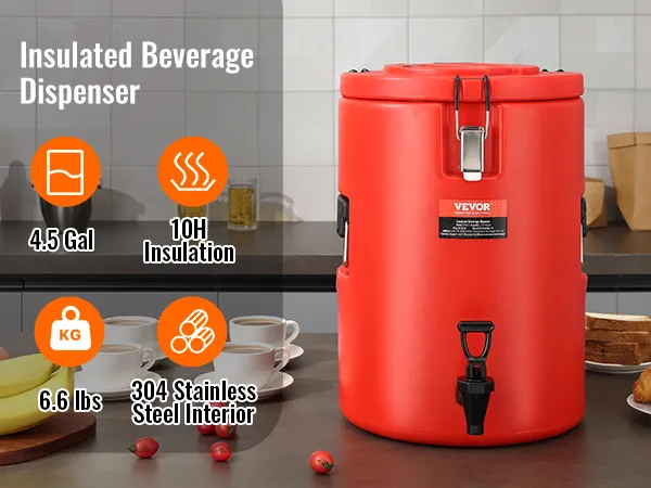 Dispensador de bebidas de acero inoxidable VEVOR en color rojo sobre encimera de cocina con frutas, tazas y croissants.