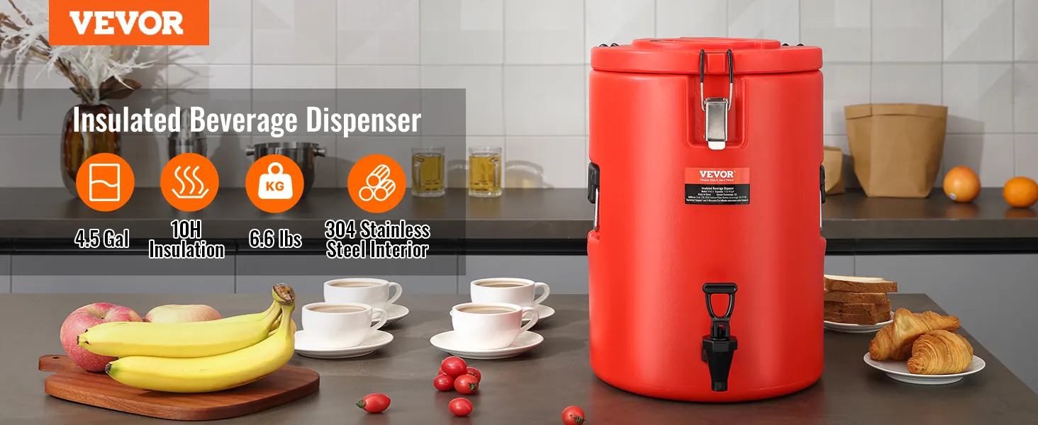 VEVOR stainless steel beverage dispenser in red on kitchen counter with fruits, cups, and croissants.