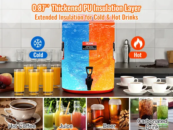 Dispensador de bebidas de acero inoxidable VEVOR para bebidas frías y calientes, ideal para cerveza, jugo, café.