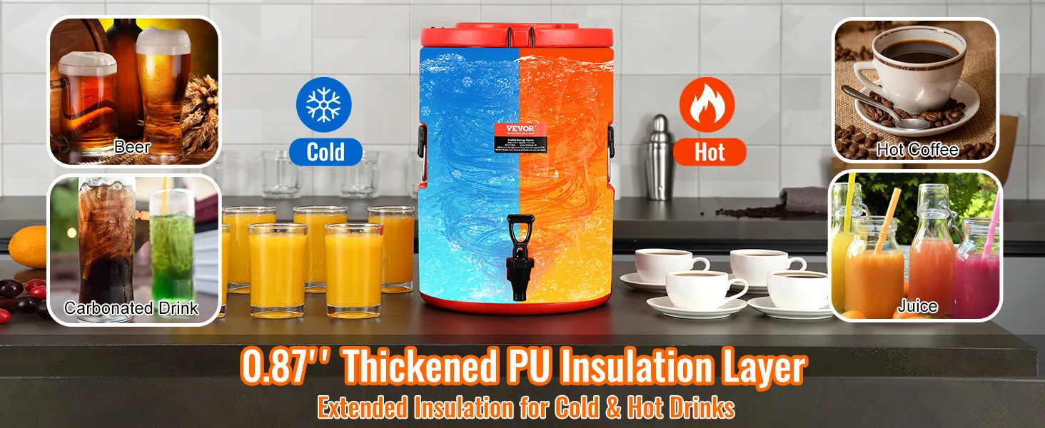 VEVOR stainless steel beverage dispenser for hot and cold drinks, ideal for beer, juice, coffee.