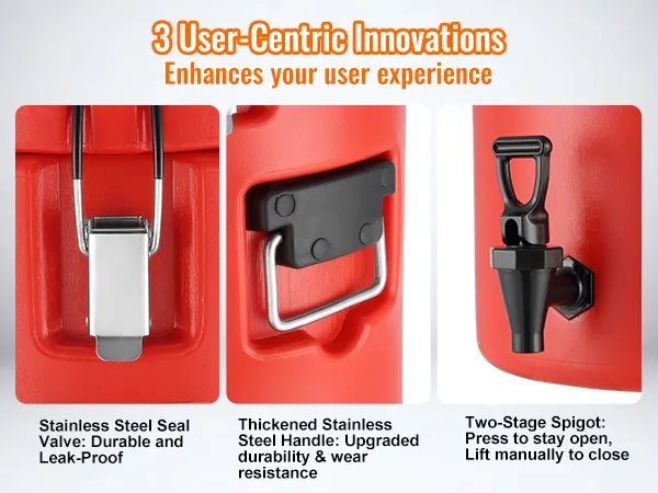 Dispensador de bebidas de acero inoxidable VEVOR: cuenta con válvula de sellado, mango engrosado y grifo de dos etapas.