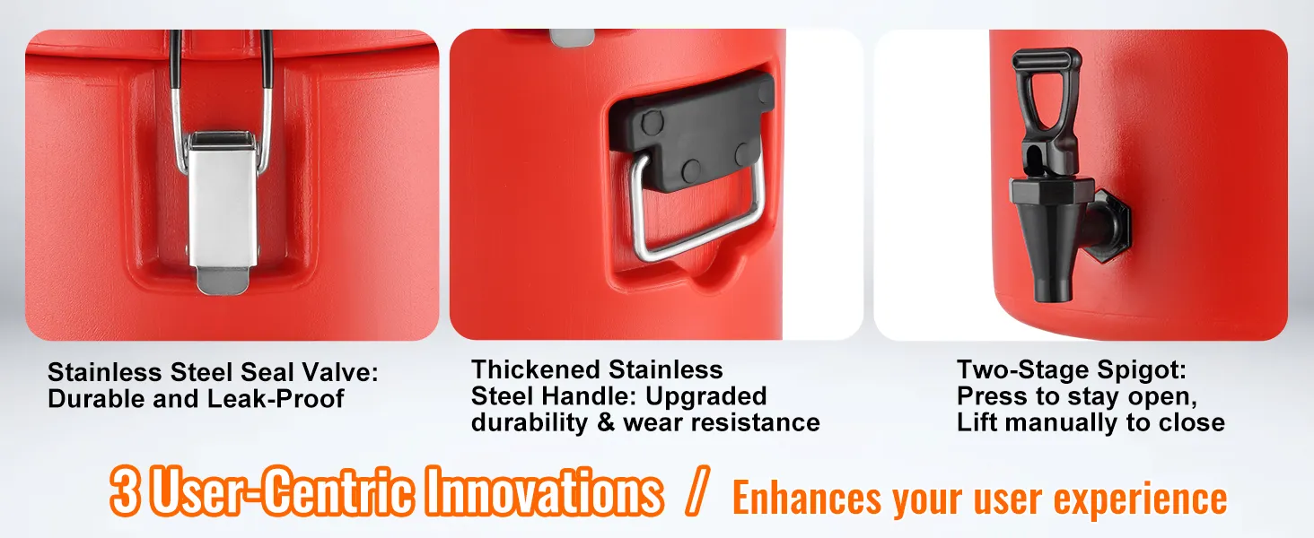 VEVOR stainless steel beverage dispenser: features seal valve, thickened handle, and two-stage spigot.