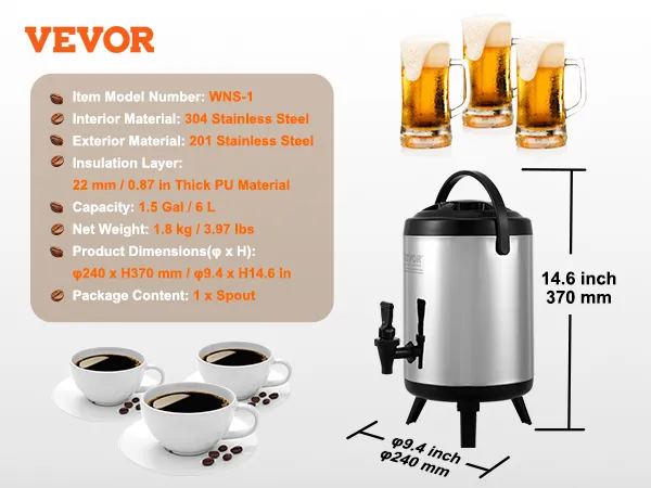 VEVOR stainless steel beverage dispenser with coffee and beer mugs, capacity 1.5 gal, 6l, 14.6 in height.
