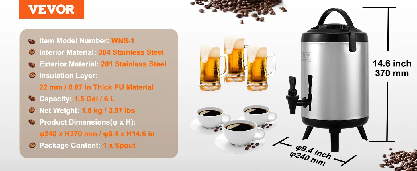 VEVOR stainless steel beverage dispenser with coffee and beer mugs, capacity 1.5 gal, 6l, 14.6 in height.