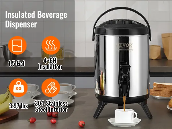 VEVOR stainless steel beverage dispenser in a modern kitchen with cups of coffee, fruit, and pastries.