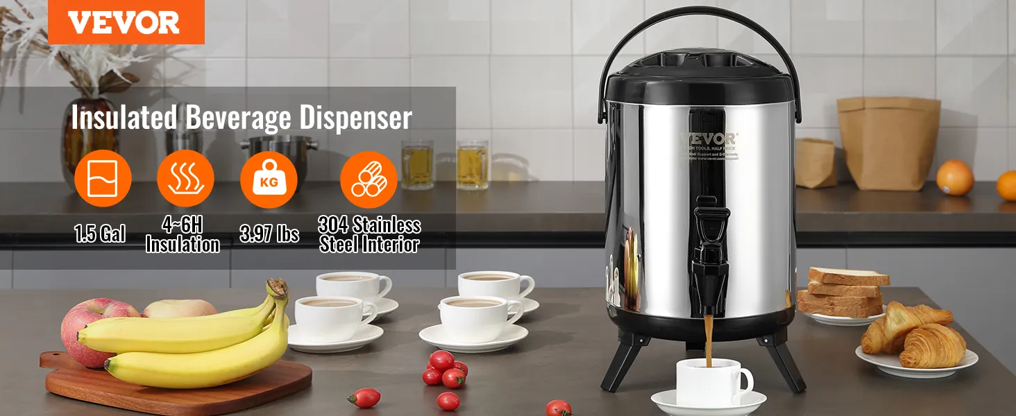 VEVOR stainless steel beverage dispenser in a modern kitchen with cups of coffee, fruit, and pastries.