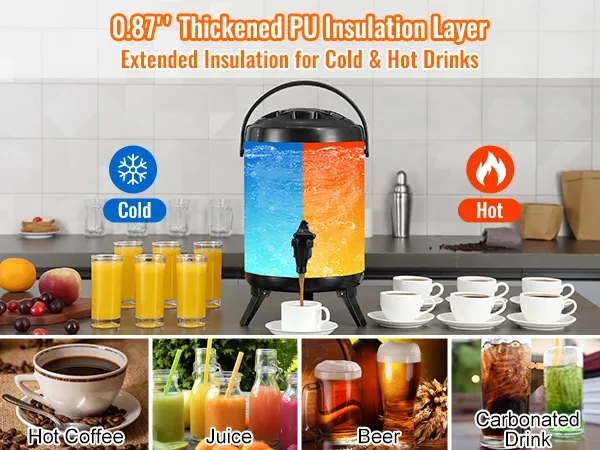 VEVOR stainless steel beverage dispenser for cold and hot drinks, including beer, juice, coffee, and soda.