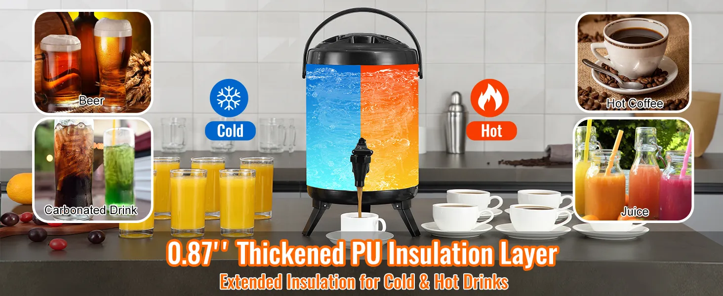 VEVOR stainless steel beverage dispenser for cold and hot drinks, including beer, juice, coffee, and soda.