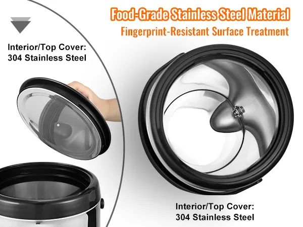 hand lifting lid of VEVOR stainless steel beverage dispenser, showcasing 304 stainless steel interior.