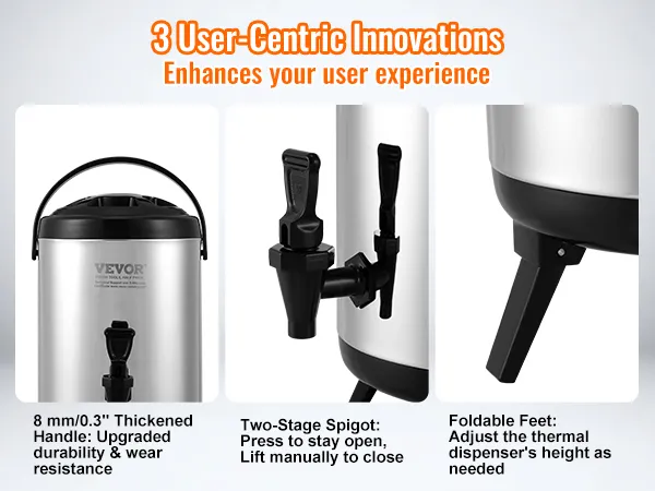 VEVOR stainless steel beverage dispenser with thickened handle, two-stage spigot, and foldable feet.