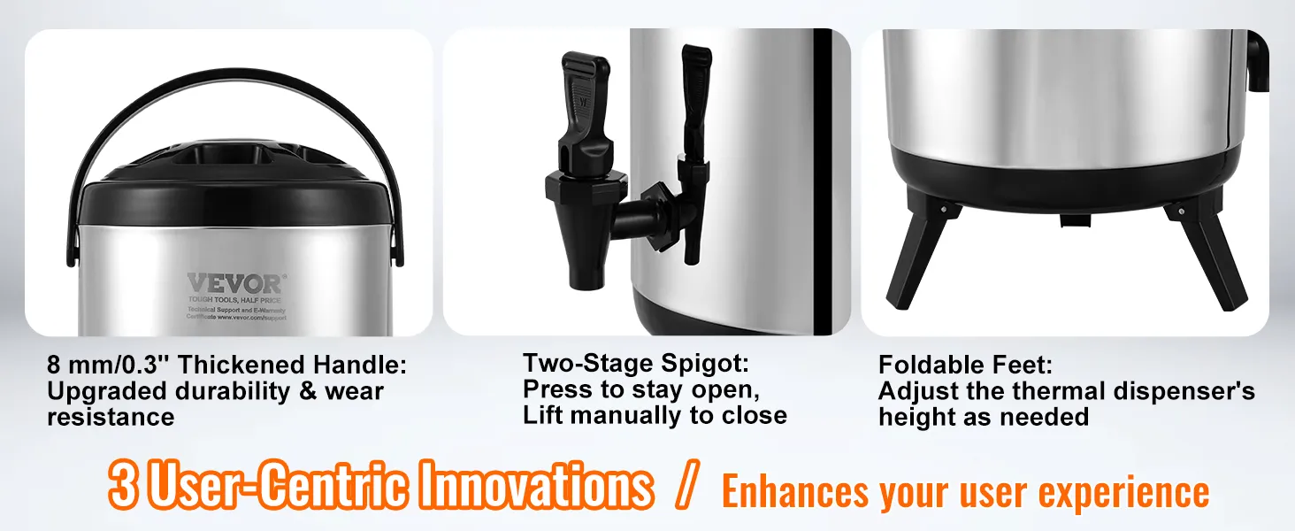 VEVOR stainless steel beverage dispenser with thickened handle, two-stage spigot, and foldable feet.