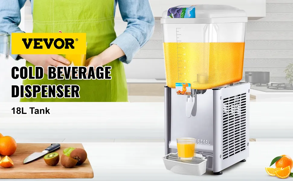 Dispensador de bebidas comercial VEVOR con tanque de 18 l y jugo fresco en configuración de cocina.