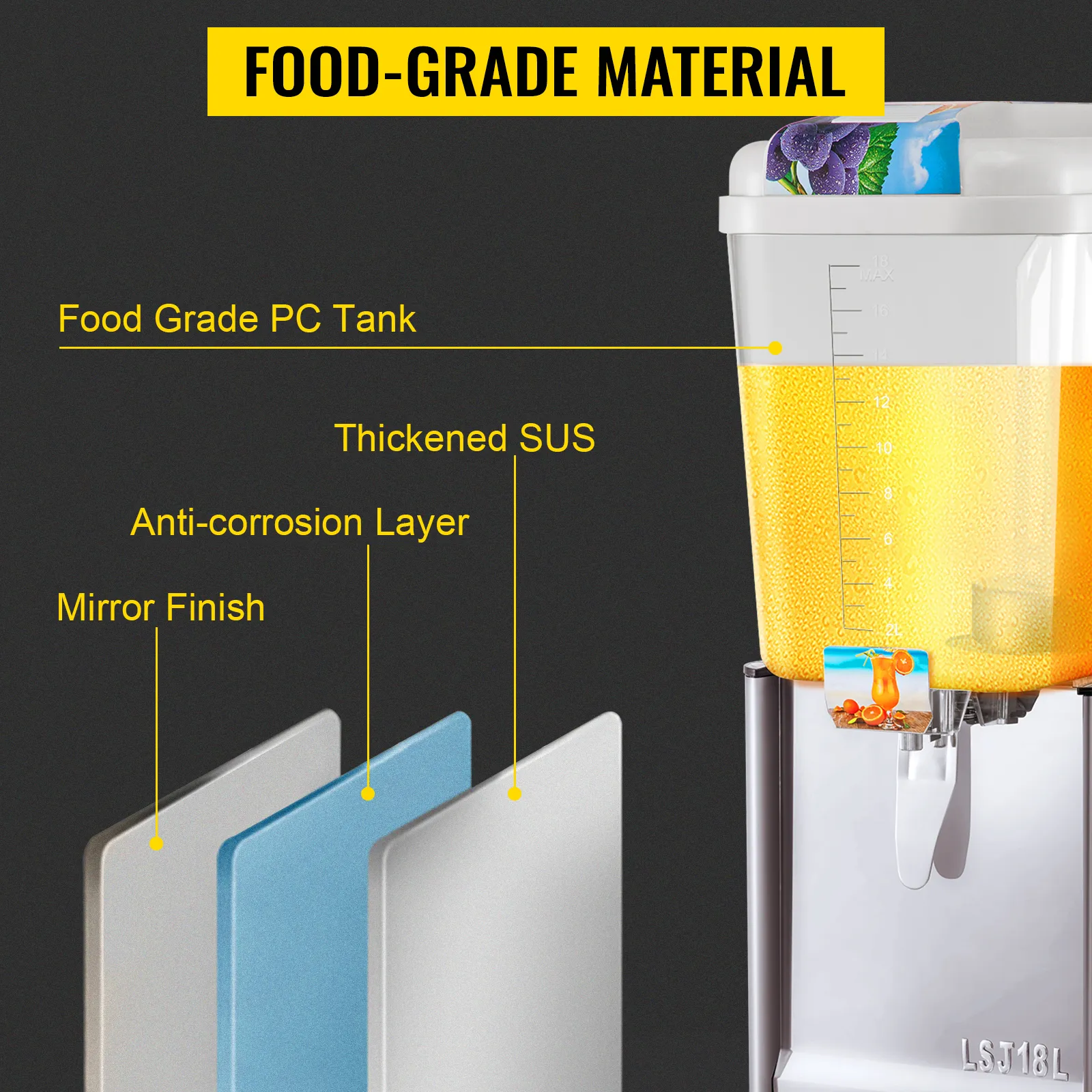 Dispensador de bebidas comercial VEVOR con tanque de PC de grado alimenticio y capas de suspensión espesadas.