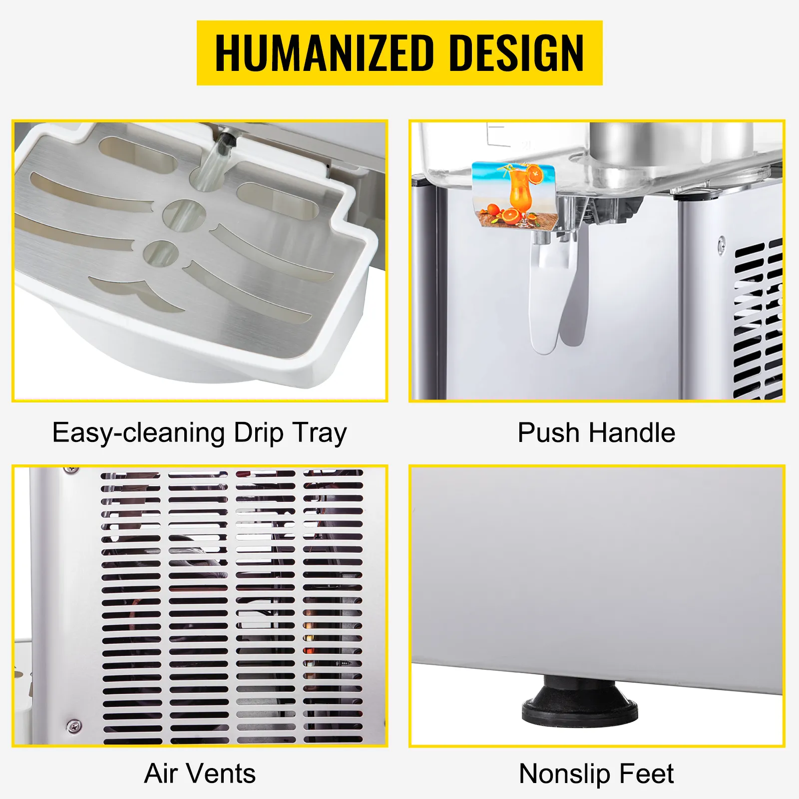 Bandeja de goteo de fácil limpieza, asa de empuje, rejillas de ventilación, patas antideslizantes en el dispensador de bebidas comercial VEVOR.