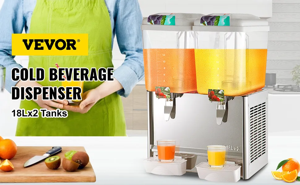 VEVOR beverage dispenser with dual 18l tanks and two filled glasses on display.