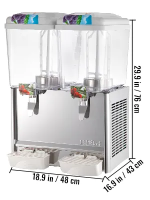 VEVOR beverage dispenser, dual container, stainless steel base, dimension labeled.
