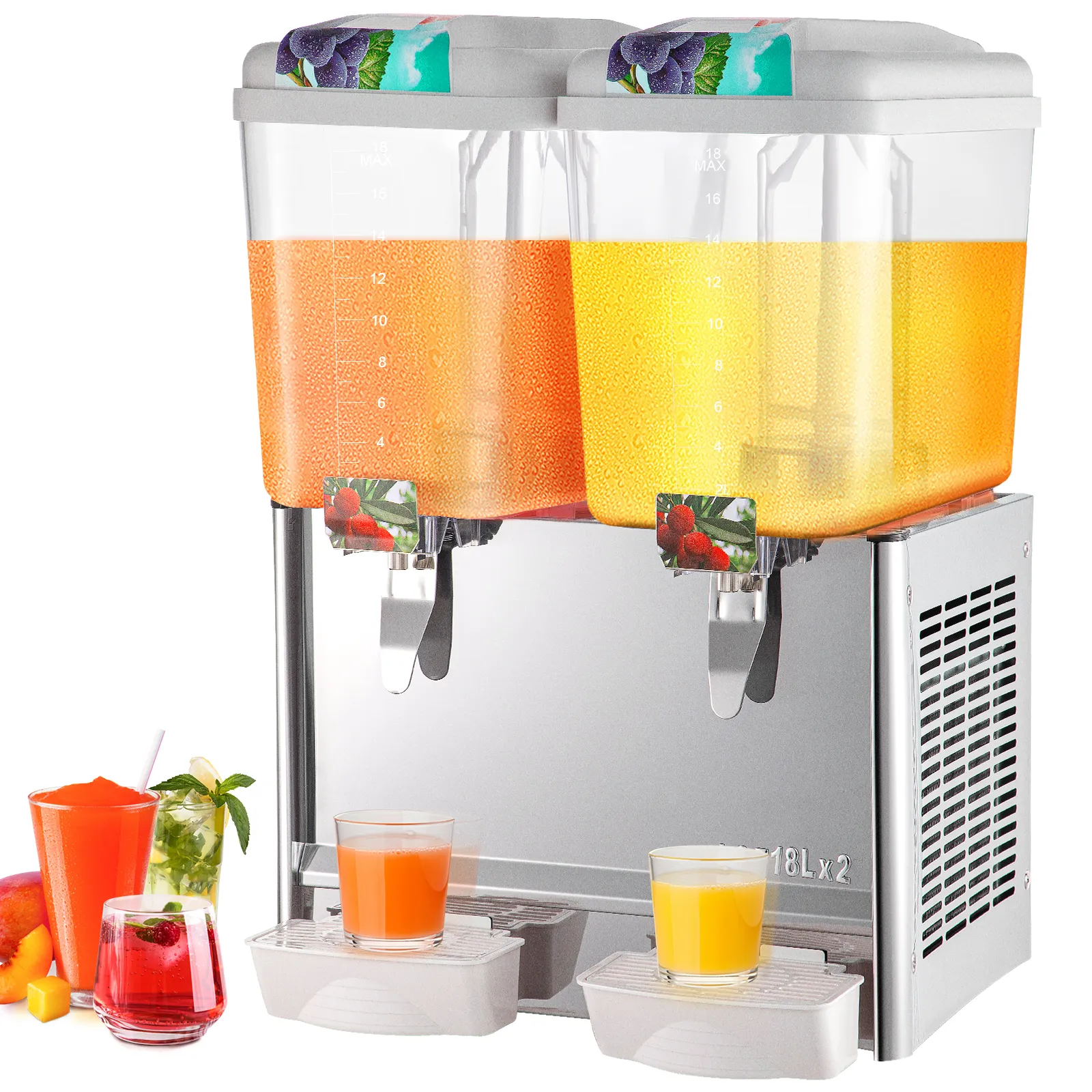 VEVOR beverage dispenser with dual containers, dispensing orange and yellow drinks.