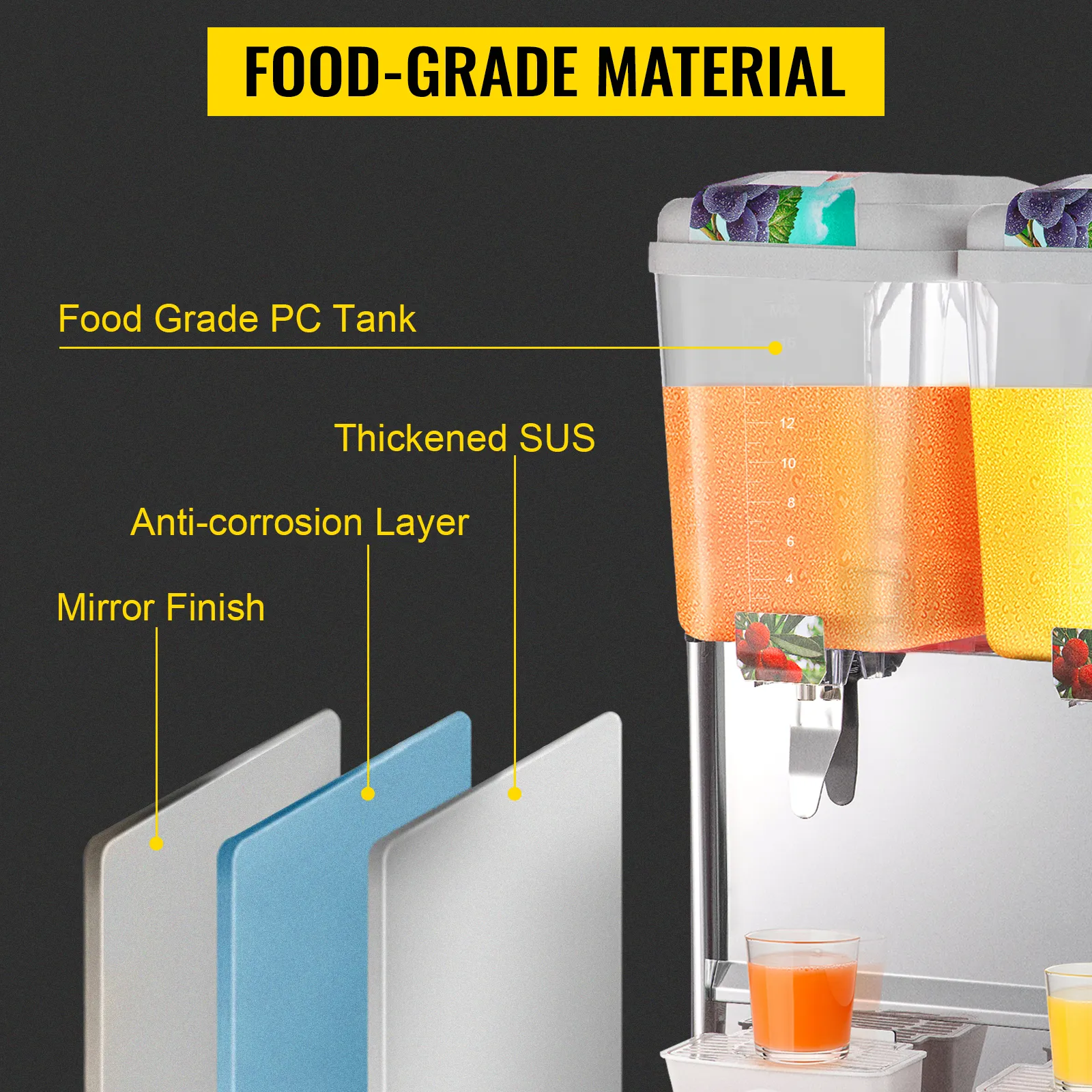 VEVOR beverage dispenser with food-grade pc tank, thickened sus, and mirror finish.