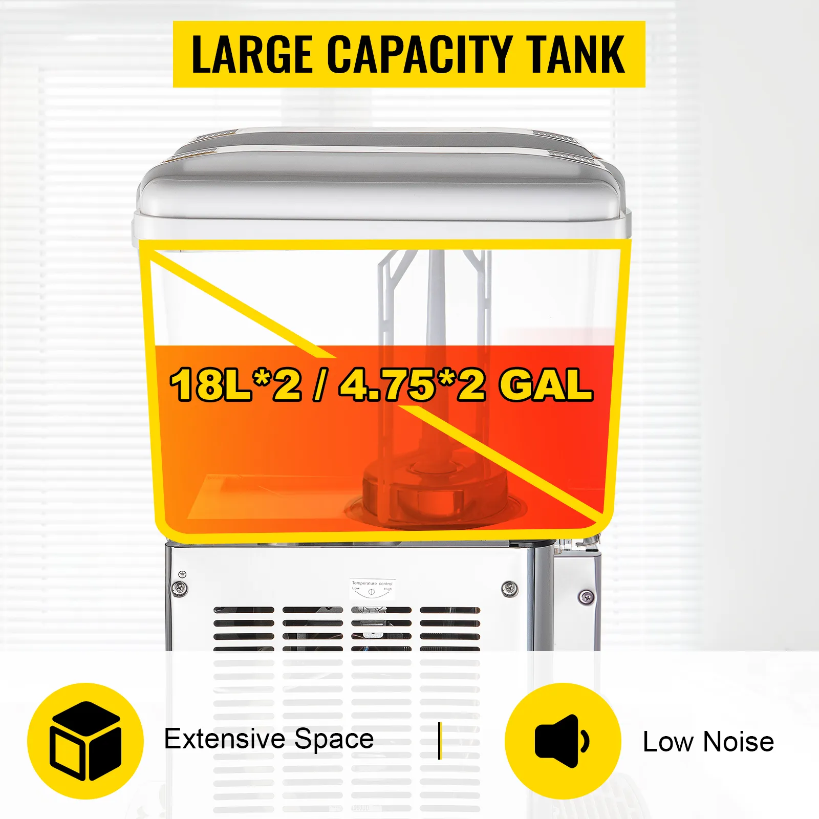 VEVOR beverage dispenser with large capacity 18l*2 tanks, extensive space, and low noise.