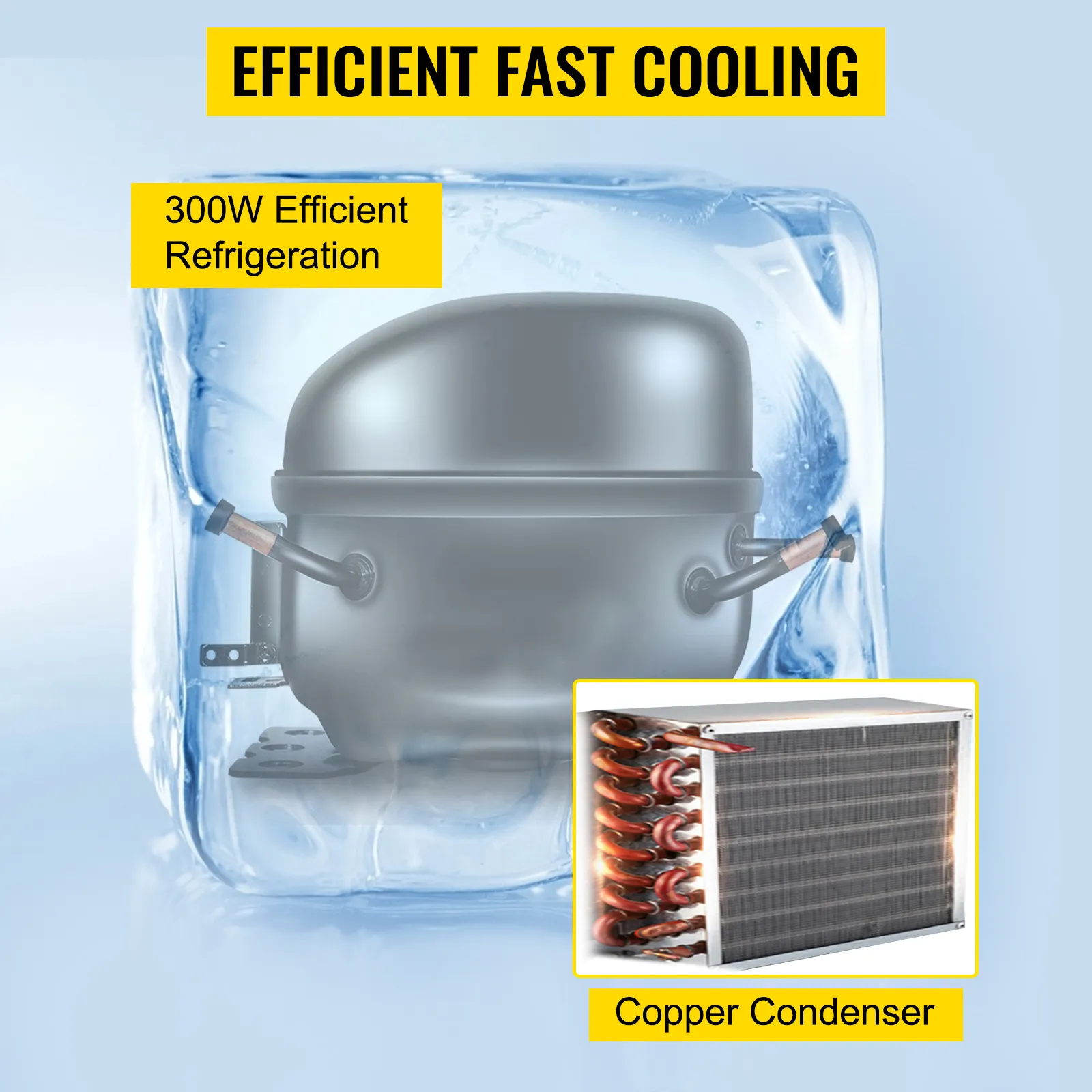 VEVOR beverage dispenser with 300w efficient refrigeration and copper condenser.
