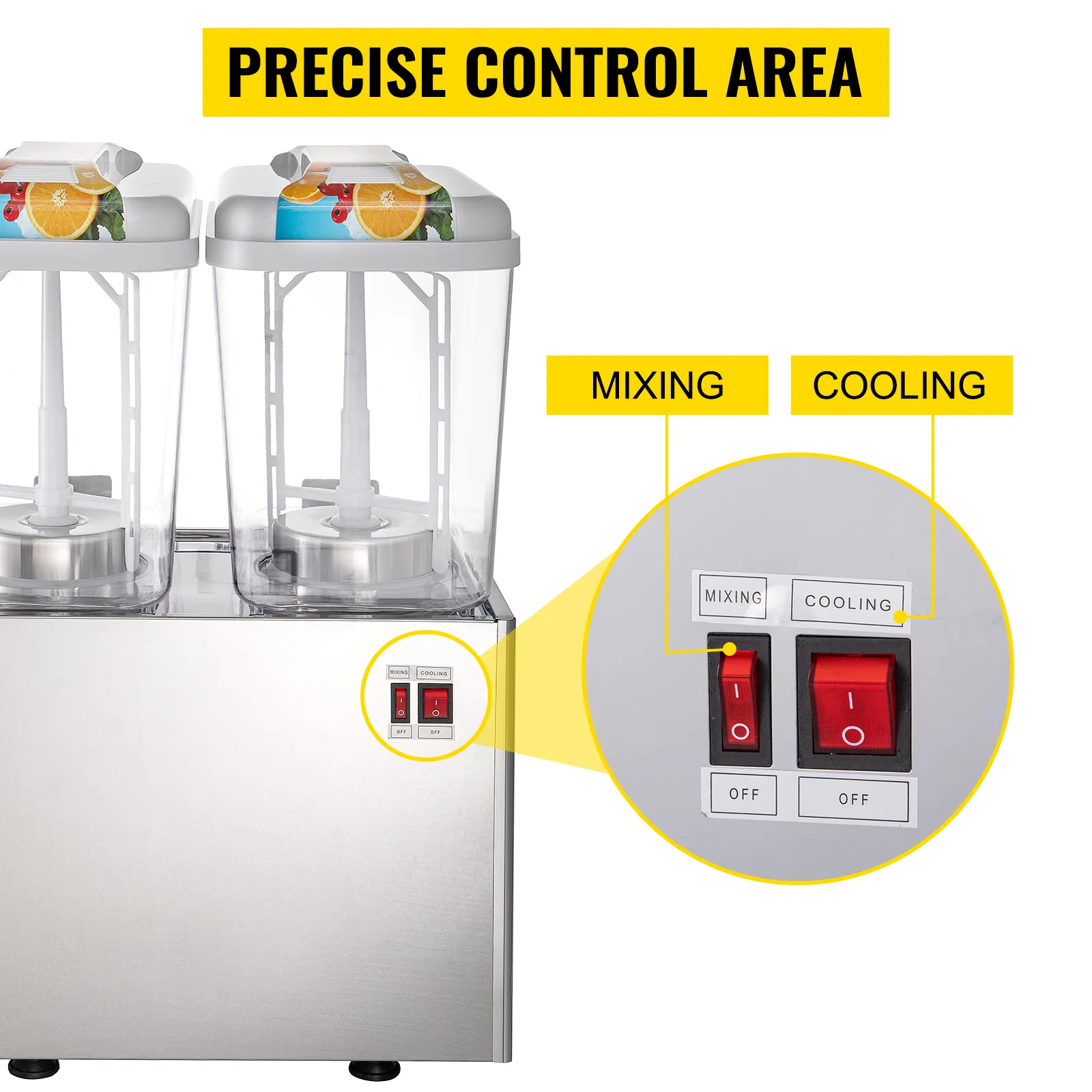 VEVOR beverage dispenser with dual containers and precise control area for mixing and cooling.