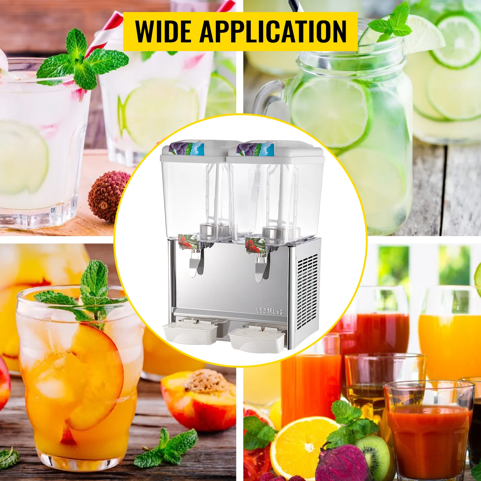 VEVOR beverage dispenser with mixed fruit juices and infused water in glass jars.