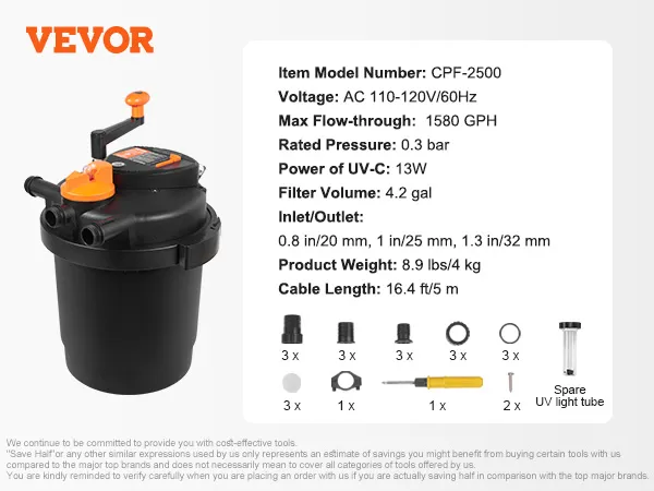 VEVOR bio pressure pond filter cpf-2500 with 1580 gph max flow, 4.2 gal filter volume, and accessories shown.
